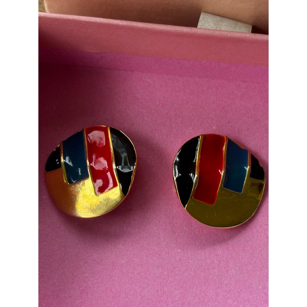 Vintage Earrings OS Multi Geometric Enamel 80s Retro Bold Statement Clip On